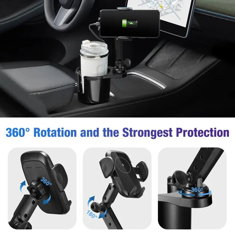 3-In-1 Car Wireless Charger Cup Holder, Upgrade 15W Charging, Car Cup Holder Phone Mount with Adjustable Base & 360° Rotation Compatible for All Smartphones(With Car Adapter) Toyotamr2Cupholder Carphoneholder Accessories Cellphone