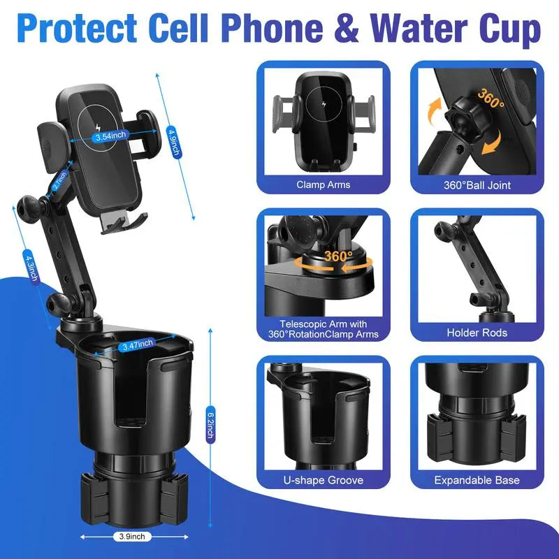 3-In-1 Car Wireless Charger Cup Holder, Upgrade 15W Charging, Car Cup Holder Phone Mount with Adjustable Base & 360° Rotation Compatible for All Smartphones(With Car Adapter) Toyotamr2Cupholder Carphoneholder Accessories Cellphone